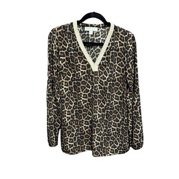 Michael Kors Women’s Cheetah V Neck Long Ballon Sleeve Top Size Medium - Picture 1 of 8